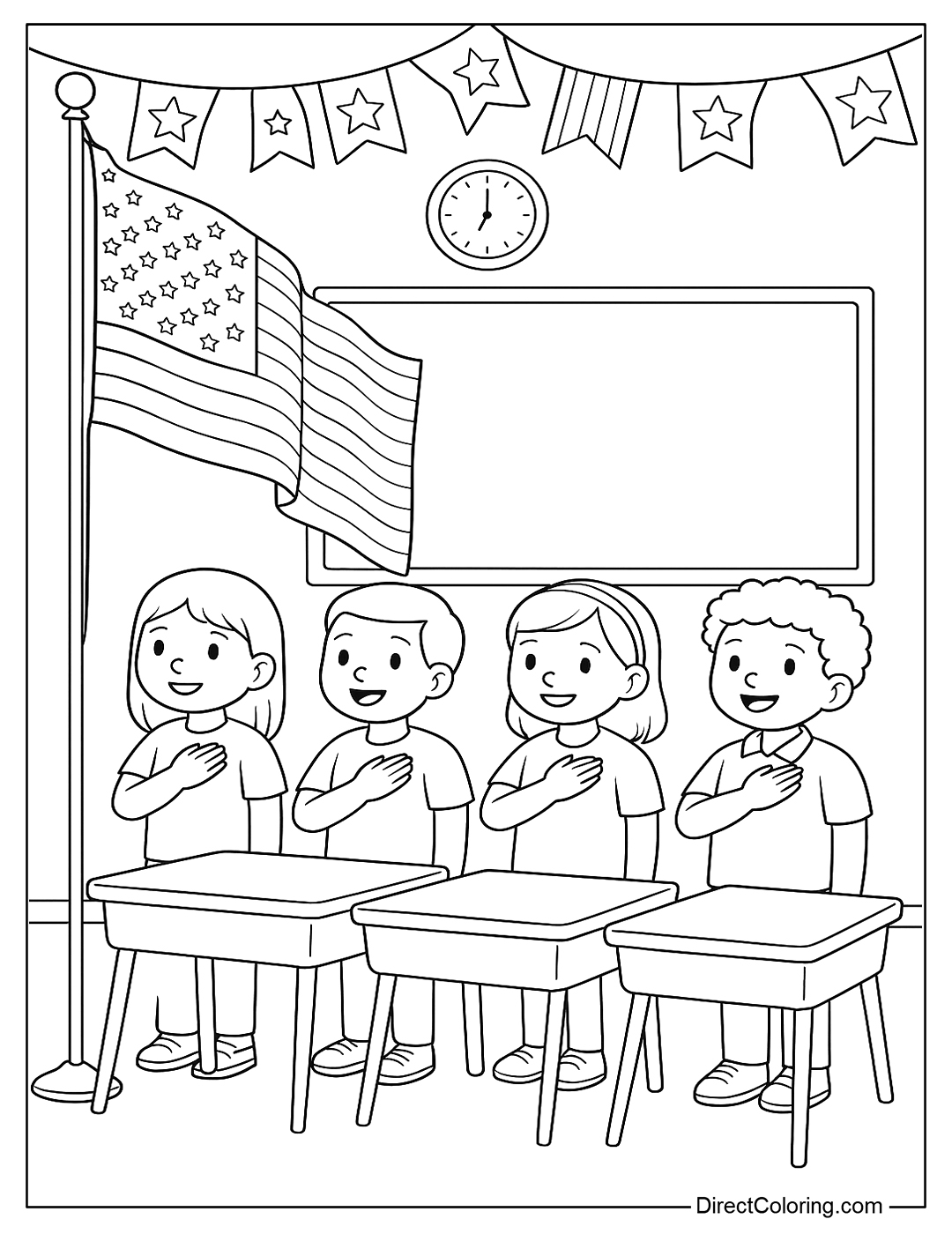 Coloring page of a classroom, children placing their hands on their chests to recite the oath before the flag.
